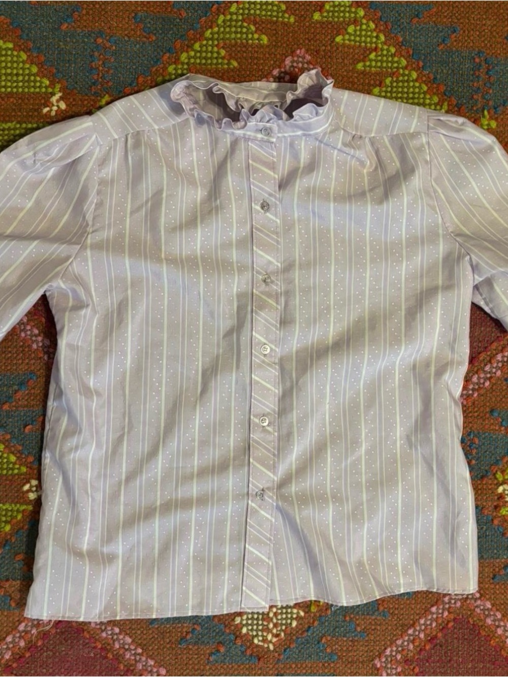 Vintage Lavender Stripe Women's Button-Down Blouse with Ruffle Collar